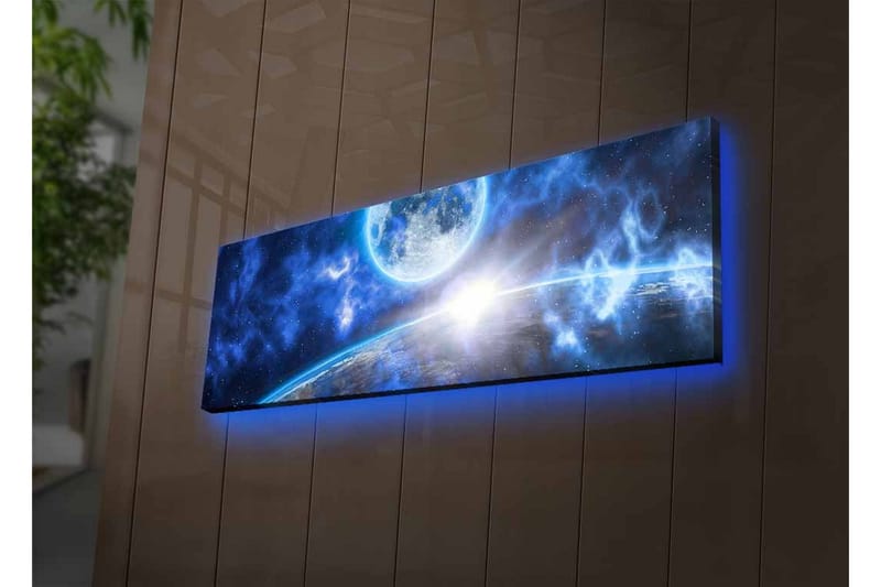 Canvastavla med LED-belysning - Storslagen rymdscen med en planet och en måne - Mörkblå / Ljusblå / Vit - Inredning - Tavlor & posters - Canvastavla