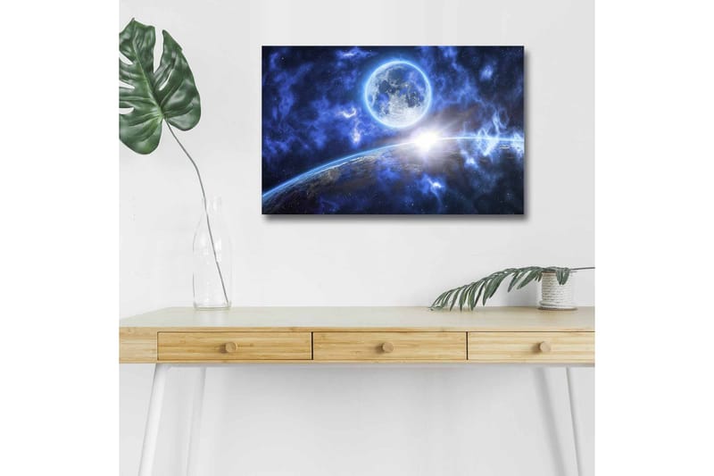 Canvastavla med LED-belysning - Storslagen rymdscen med en planet och en måne i fokus - Mörkblå / Ljusblå / Vit - Inredning - Tavlor & posters - Canvastavla