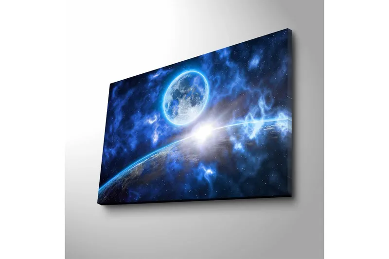 Canvastavla med LED-belysning - Storslagen rymdscen med en planet och en måne i fokus - Mörkblå / Ljusblå / Vit - Inredning - Tavlor & posters - Canvastavla
