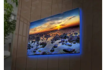 Canvastavla med LED-belysning - Storslagen solnedgång över en klippig kustlinje - Mörkblå / Orange / Ljusblå - Inredning - Tavlor & posters - Canvastavla
