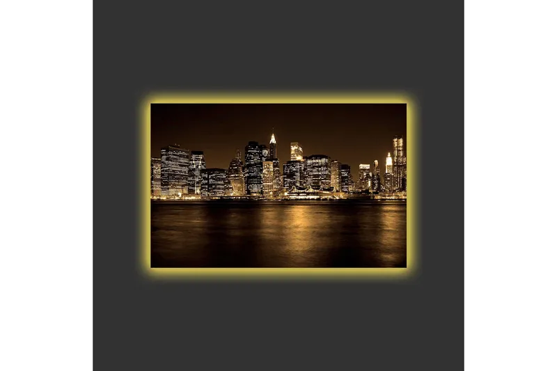 Canvastavla med LED-belysning - Storslagen stadsbild av en skyline med upplysta skyskrapor - Guld / Svart / Grå - Inredning - Tavlor & posters - Canvastavla