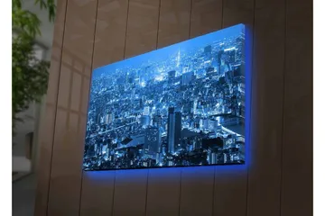 Canvastavla med LED-belysning - Storslagen stadsutsikt i nattljus - Mörkblå / Ljusblå - Inredning - Tavlor & posters - Canvastavla