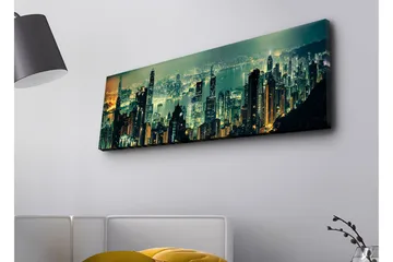 Canvastavla med LED-belysning - Storslagen stadsutsikt med skyskrapor i nattljus - Mörkgrön / Guld / Blå - Inredning - Tavlor & posters - Canvastavla