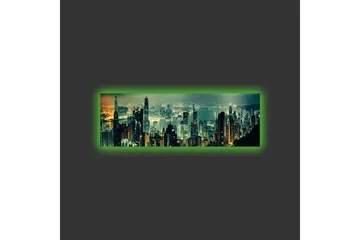 Canvastavla med LED-belysning - Storslagen stadsutsikt med skyskrapor i nattljus - Mörkgrön / Guld / Blå - Inredning - Tavlor & posters - Canvastavla