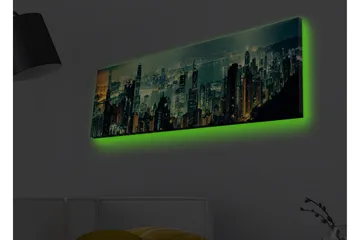 Canvastavla med LED-belysning - Storslagen stadsutsikt med skyskrapor i nattljus - Mörkgrön / Guld / Blå - Inredning - Tavlor & posters - Canvastavla