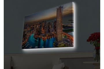 Canvastavla med LED-belysning - Storslagen vy över en modern stad med glittrande skyskrapor och en slingrande flod - Blå / Orange / Grå - Inredning - Tavlor & posters - Canvastavla
