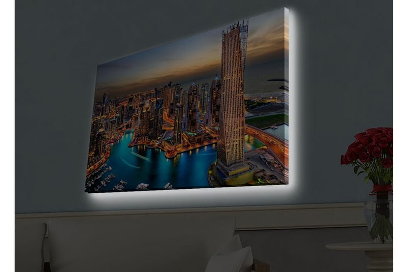 Canvastavla med LED-belysning - Storslagen vy över en modern stad med glittrande skyskrapor och en slingrande flod - Blå / Orange / Grå - Inredning - Tavlor & posters - Canvastavla