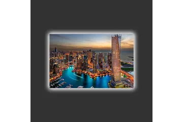 Canvastavla med LED-belysning - Storslagen vy över en modern stad med glittrande skyskrapor och en slingrande flod - Blå / Orange / Grå - Inredning - Tavlor & posters - Canvastavla