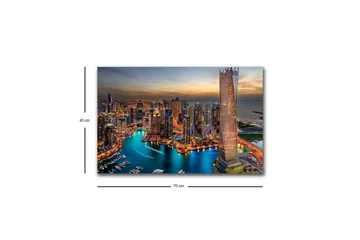 Canvastavla med LED-belysning - Storslagen vy över en modern stad med glittrande skyskrapor och en slingrande flod - Blå / Orange / Grå - Inredning - Tavlor & posters - Canvastavla