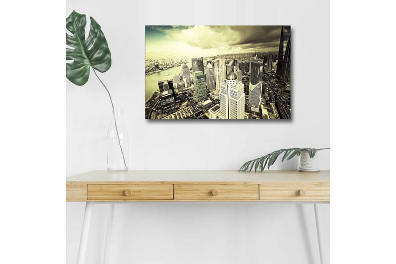 Canvastavla med LED-belysning - Storslagen vy över en stad med moderna skyskrapor - Grå / Beige / Svart - Inredning - Tavlor & posters - Canvastavla