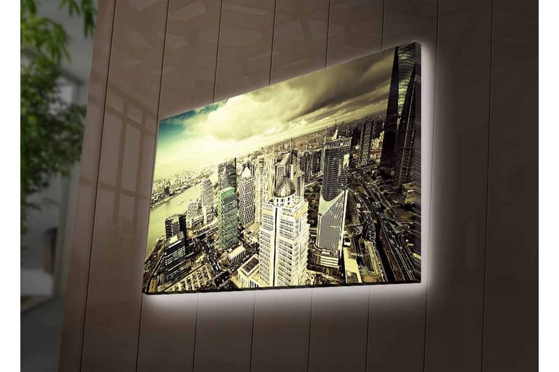 Canvastavla med LED-belysning - Storslagen vy över en stad med moderna skyskrapor - Grå / Beige / Svart - Inredning - Tavlor & posters - Canvastavla