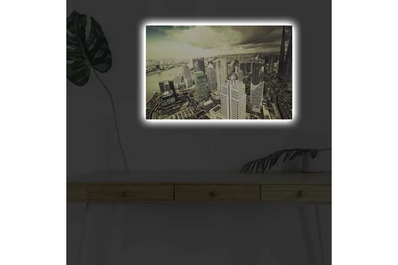 Canvastavla med LED-belysning - Storslagen vy över en stad med moderna skyskrapor, Grå / Beige / Svart