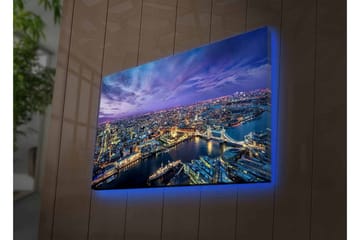Canvastavla med LED-belysning - Storslagen vy över en stad vid skymningstid med floder och broar - Mörkblå / Lila / Gyllene - Inredning - Tavlor & posters - Canvastavla