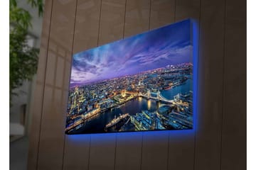 Canvastavla med LED-belysning - Storslagen vy över en stad vid skymningstid med floder och broar - Mörkblå / Lila / Gyllene - Inredning - Tavlor & posters - Canvastavla