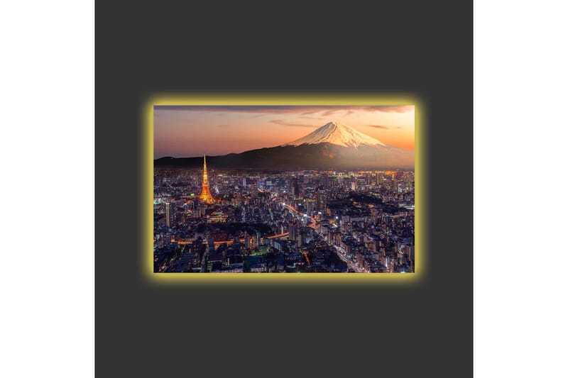 Canvastavla med LED-belysning - Storslagen vy över Tokyo med Fuji berget i bakgrunden vid solnedgång - Blå / Orange / Vit - Inredning - Tavlor & posters - Canvastavla