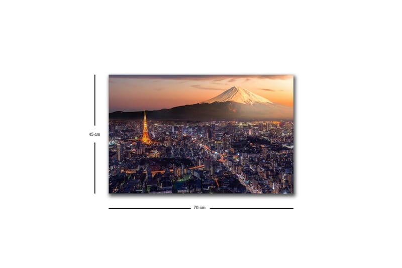 Canvastavla med LED-belysning - Storslagen vy över Tokyo med Fuji berget i bakgrunden vid solnedgång - Blå / Orange / Vit - Inredning - Tavlor & posters - Canvastavla