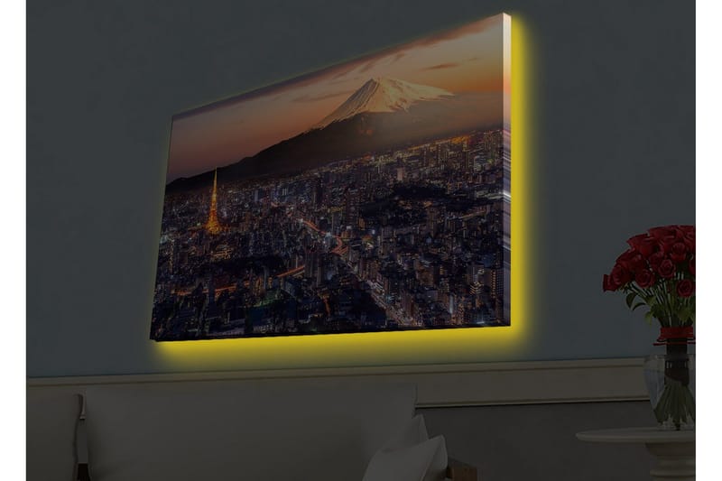 Canvastavla med LED-belysning - Storslagen vy över Tokyo med Fuji berget i bakgrunden vid solnedgång, Blå / Orange / Vit