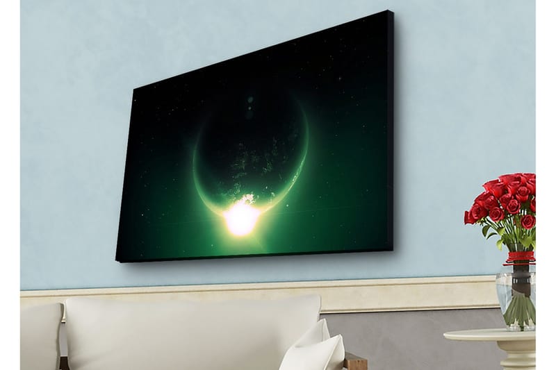 Canvastavla med LED-belysning - Storslagen planet med ljusstrålar som sträcker sig ut i rymden - Mörkgrön / Svart / Ljusgrön - Inredning - Tavlor & posters - Canvastavla