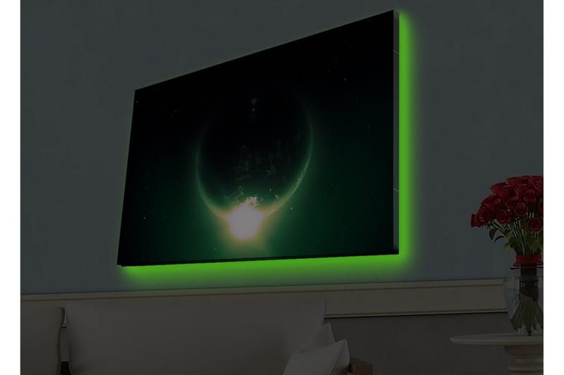 Canvastavla med LED-belysning - Storslagen planet med ljusstrålar som sträcker sig ut i rymden, Mörkgrön / Svart / Ljusgrön