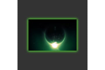 Canvastavla med LED-belysning - Storslagen planet med ljusstrålar som sträcker sig ut i rymden - Mörkgrön / Svart / Ljusgrön - Inredning - Tavlor & posters - Canvastavla