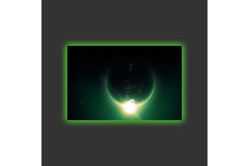 Canvastavla med LED-belysning - Storslagen planet med ljusstrålar som sträcker sig ut i rymden - Mörkgrön / Svart / Ljusgrön - Inredning - Tavlor & posters - Canvastavla