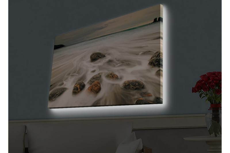 Canvastavla med LED-belysning - Strandscen med mjuka vågor som omsluter stenar - Grå / Beige / Svart - Inredning - Tavlor & posters - Canvastavla