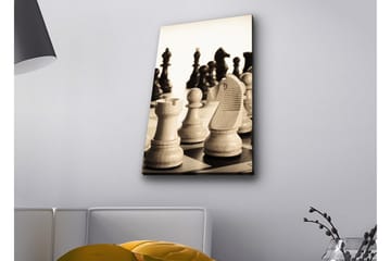 Canvastavla med LED-belysning - Strategisk schackuppställning med träpjäser - Beige / Svart / Brun - Inredning - Tavlor & posters - Canvastavla