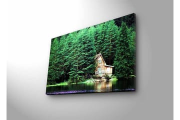 Canvastavla med LED-belysning - Stuga vid en spegelblanka sjö omgiven av tät grönska - Grön / Brun / Blå - Inredning - Tavlor & posters - Canvastavla