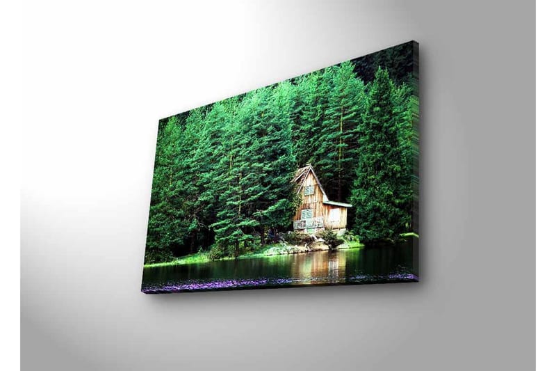 Canvastavla med LED-belysning - Stuga vid en spegelblanka sjö omgiven av tät grönska - Grön / Brun / Blå - Inredning - Tavlor & posters - Canvastavla