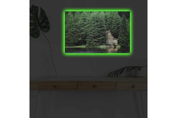 Canvastavla med LED-belysning - Stuga vid en spegelblanka sjö omgiven av tät grönska - Grön / Brun / Blå - Inredning - Tavlor & posters - Canvastavla