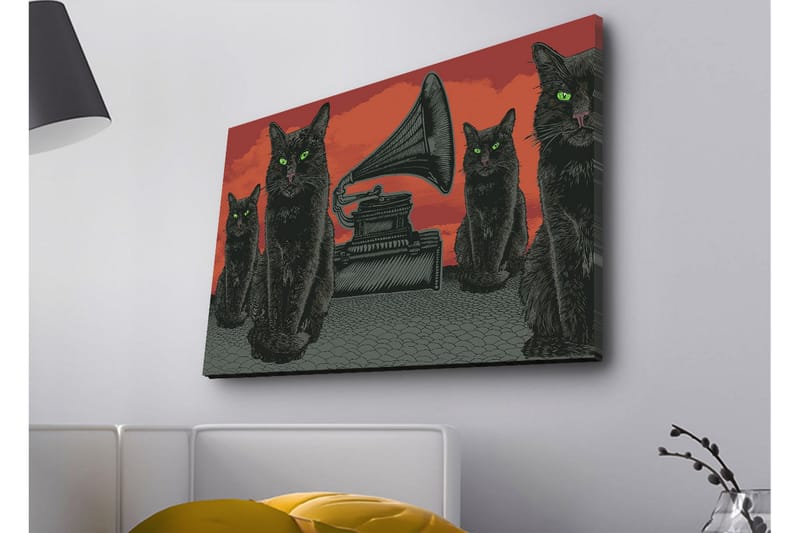 Canvastavla med LED-belysning - Svart katt med gröna ögon framför en grammofon på en röd bakgrund - Svart / Röd / Grön - Inredning - Tavlor & posters - Canvastavla