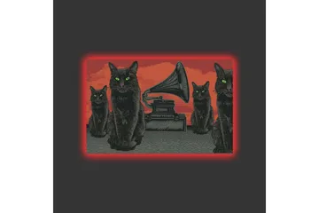 Canvastavla med LED-belysning - Svart katt med gröna ögon framför en grammofon på en röd bakgrund - Svart / Röd / Grön - Inredning - Tavlor & posters - Canvastavla