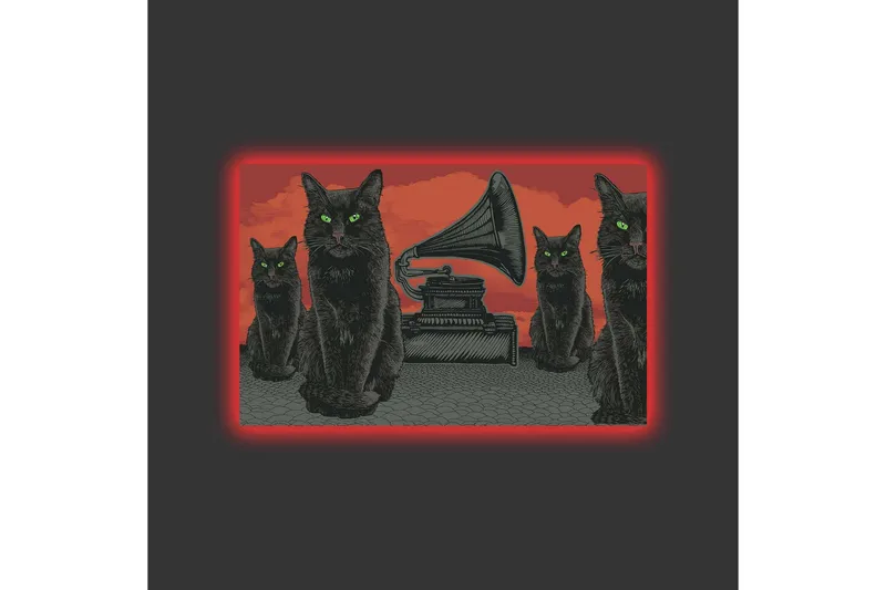 Canvastavla med LED-belysning - Svart katt med gröna ögon framför en grammofon på en röd bakgrund - Svart / Röd / Grön - Inredning - Tavlor & posters - Canvastavla