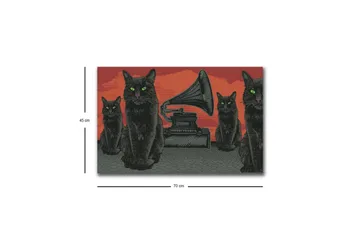 Canvastavla med LED-belysning - Svart katt med gröna ögon framför en grammofon på en röd bakgrund - Svart / Röd / Grön - Inredning - Tavlor & posters - Canvastavla