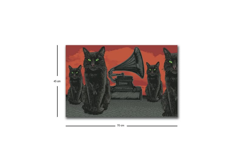 Canvastavla med LED-belysning - Svart katt med gröna ögon framför en grammofon på en röd bakgrund - Svart / Röd / Grön - Inredning - Tavlor & posters - Canvastavla