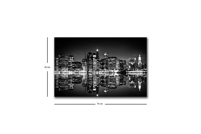 Canvastavla med LED-belysning - Svartvit stadssilhuett med reflektioner i vattenytan - Svart / Vitt / Grått - Inredning - Tavlor & posters - Canvastavla