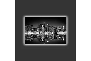 Canvastavla med LED-belysning - Svartvit stadssilhuett med reflektioner i vattenytan - Svart / Vitt / Grått - Inredning - Tavlor & posters - Canvastavla