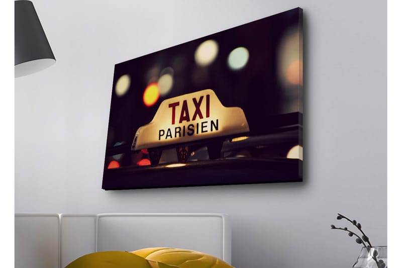 Canvastavla med LED-belysning - Taxi-skylt med texten TAXI PARISIEN i en nattlig stadsmiljö, Gult / Svart / Rött