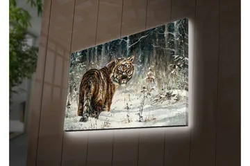 Canvastavla med LED-belysning - Tiger i snöig skogsmiljö - Orange / Vit / Grå - Inredning - Tavlor & posters - Canvastavla