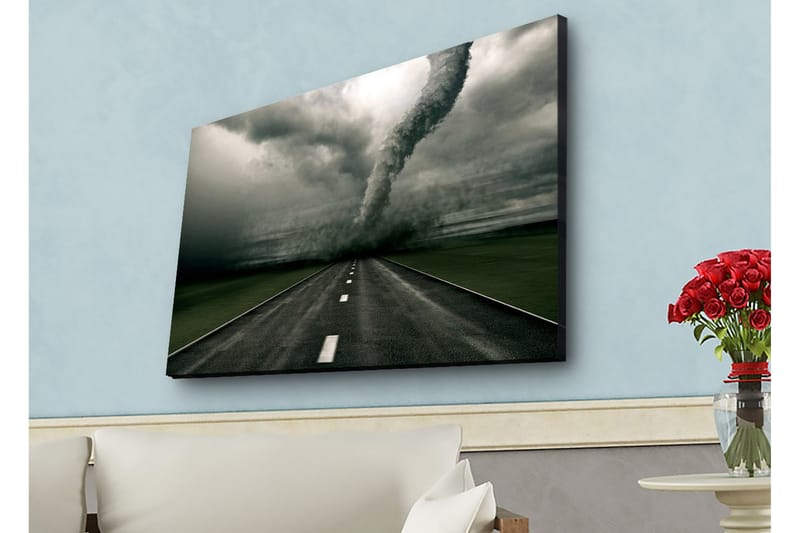 Canvastavla med LED-belysning - Tornado som sveper över en öde väg - Grå / Svart / Grön - Inredning - Tavlor & posters - Canvastavla