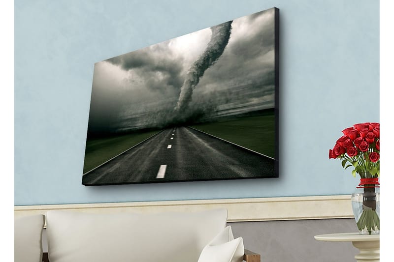 Canvastavla med LED-belysning - Tornado som sveper över en öde väg - Grå / Svart / Grön - Inredning - Tavlor & posters - Canvastavla