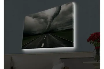Canvastavla med LED-belysning - Tornado som sveper över en öde väg - Grå / Svart / Grön - Inredning - Tavlor & posters - Canvastavla
