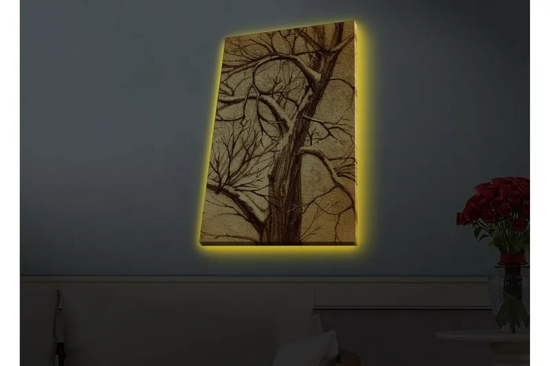 Canvastavla med LED-belysning - Träd med grenar i en stiliserad, gyllene komposition - Guld / Brun - Inredning - Tavlor & posters - Canvastavla