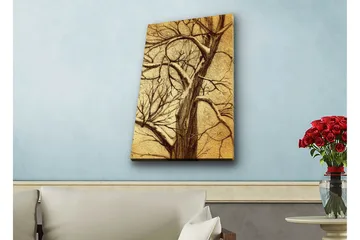 Canvastavla med LED-belysning - Träd med grenar i en stiliserad, gyllene komposition - Guld / Brun - Inredning - Tavlor & posters - Canvastavla