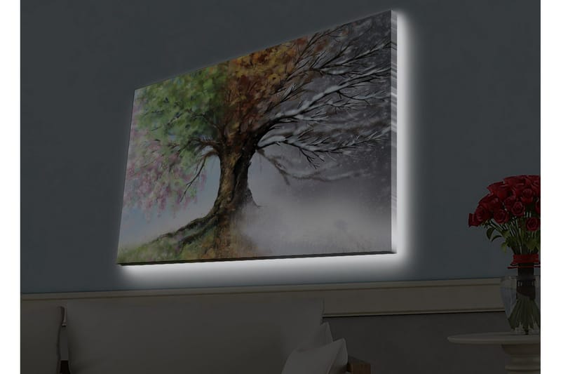 Canvastavla med LED-belysning - Träd med skiftande årstider i en harmonisk komposition - Grön / Brun / Grå - Inredning - Tavlor & posters - Canvastavla