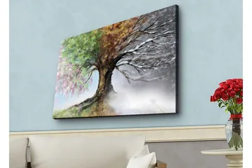 Canvastavla med LED-belysning - Träd med skiftande årstider i en harmonisk komposition - Grön / Brun / Grå - Inredning - Tavlor & posters - Canvastavla