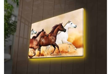 Canvastavla med LED-belysning - Tre hästar i rörelse över en sandig yta - Brun / Vit / Beige - Inredning - Tavlor & posters - Canvastavla