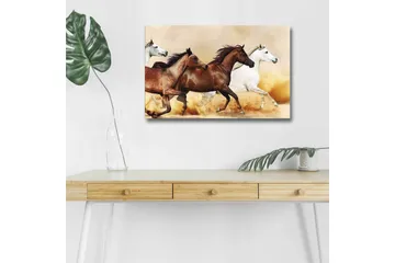 Canvastavla med LED-belysning - Tre hästar i rörelse över en sandig yta - Brun / Vit / Beige - Inredning - Tavlor & posters - Canvastavla