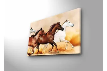 Canvastavla med LED-belysning - Tre hästar i rörelse över en sandig yta - Brun / Vit / Beige - Inredning - Tavlor & posters - Canvastavla
