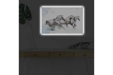 Canvastavla med LED-belysning - Tre vita hästar som galopperar genom snölandskap - Vit / Ljusgrå / Blå - Inredning - Tavlor & posters - Canvastavla